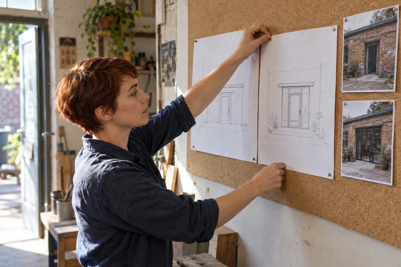 An organizer pins a revised entrance drawing beside an earlier plan and building photographs.