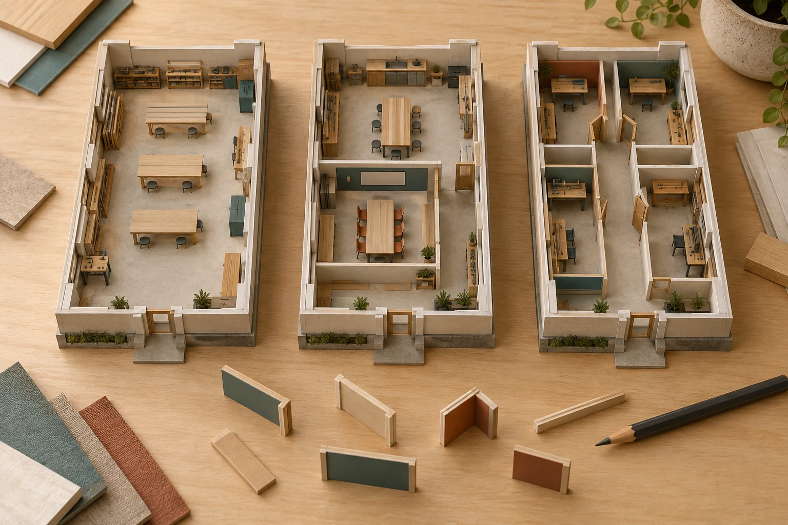 Three scale models show different allocations of one workshop between open workbenches, teaching and small studios.
