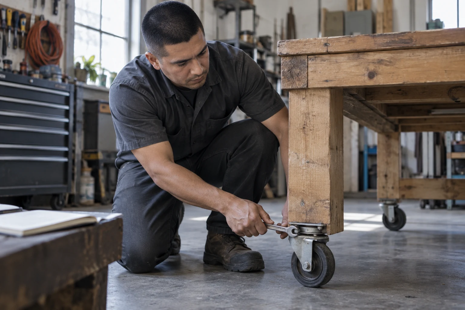A workshop operator uses a hand wrench to maintain the caster on a shared workbench.