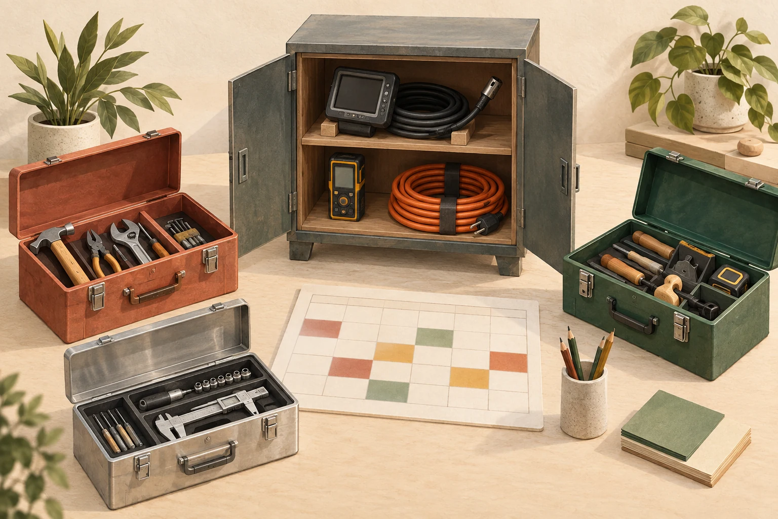 Three individual toolboxes surround a common equipment cabinet and a color-block booking calendar.