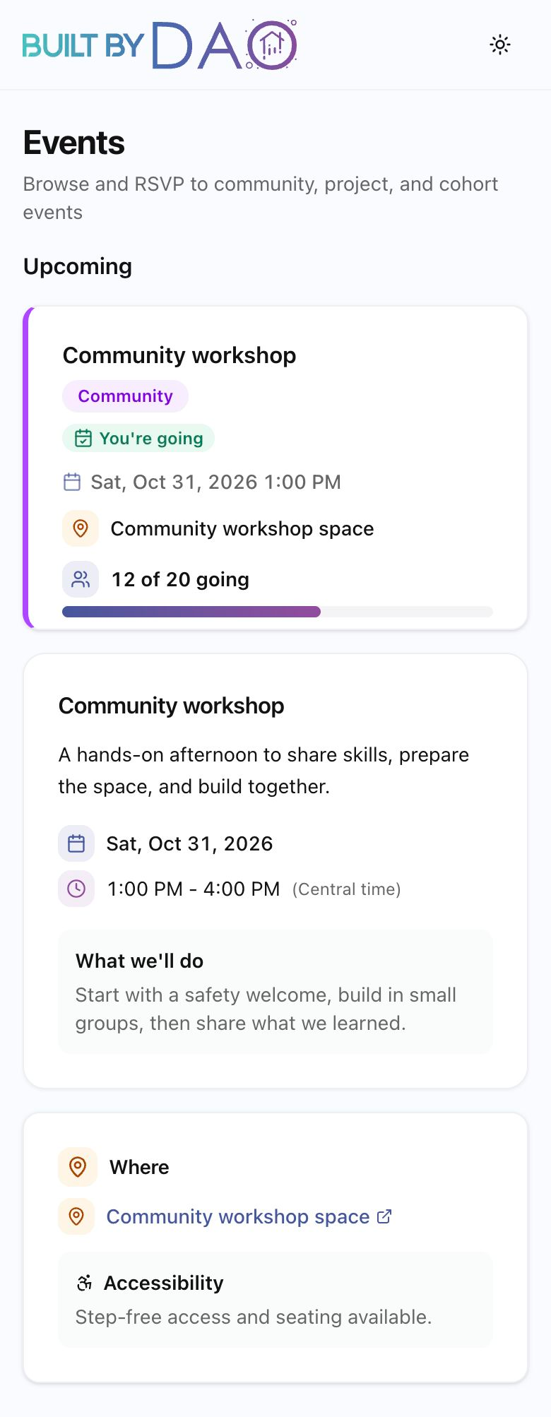 Community workshop event card with date, attendance, and generic venue information.