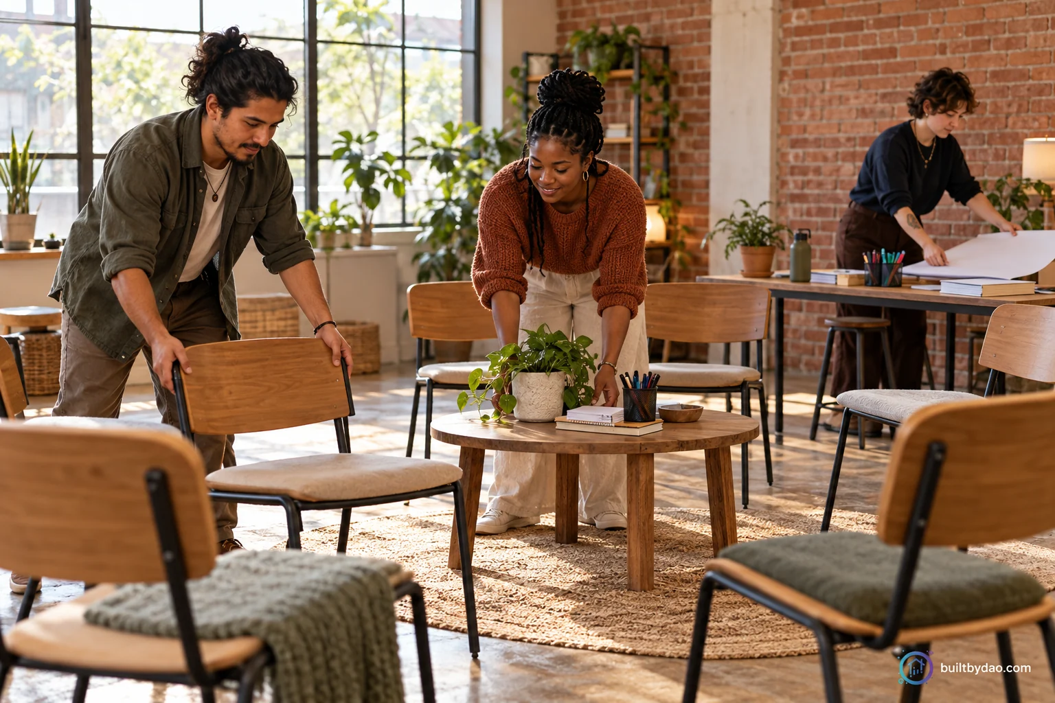 A facilitation team prepares chairs and documentation materials for a gathering.