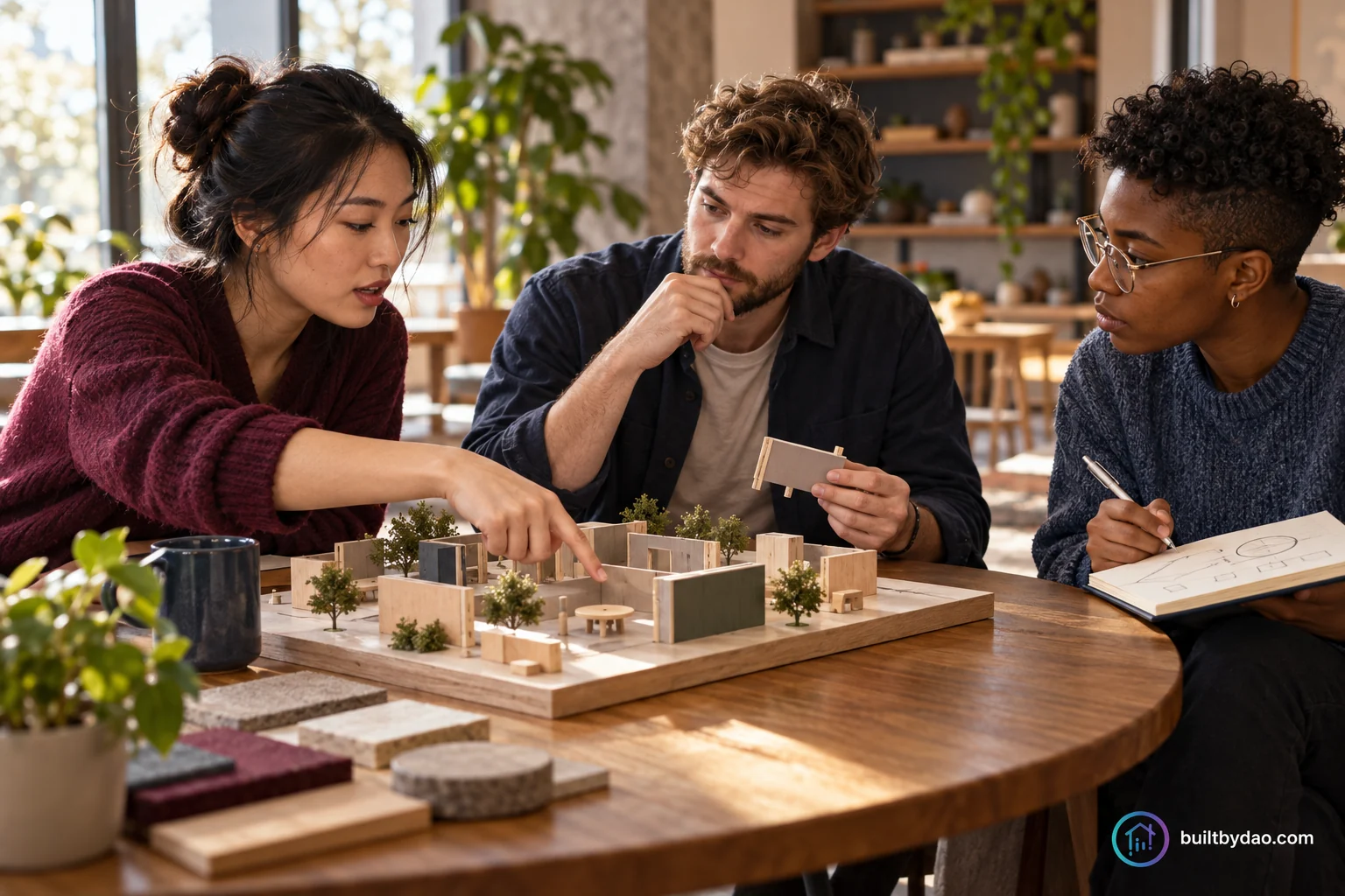 Three participants examine a proposed change to a shared-space model.