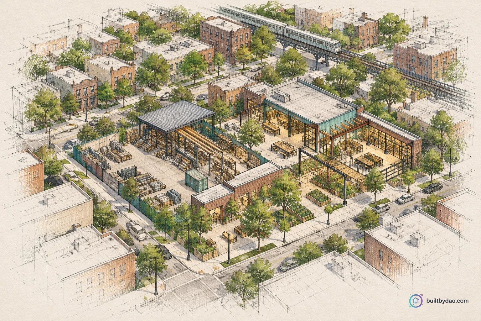 A drawn neighborhood study connects proposed recovery, learning and gathering spaces.