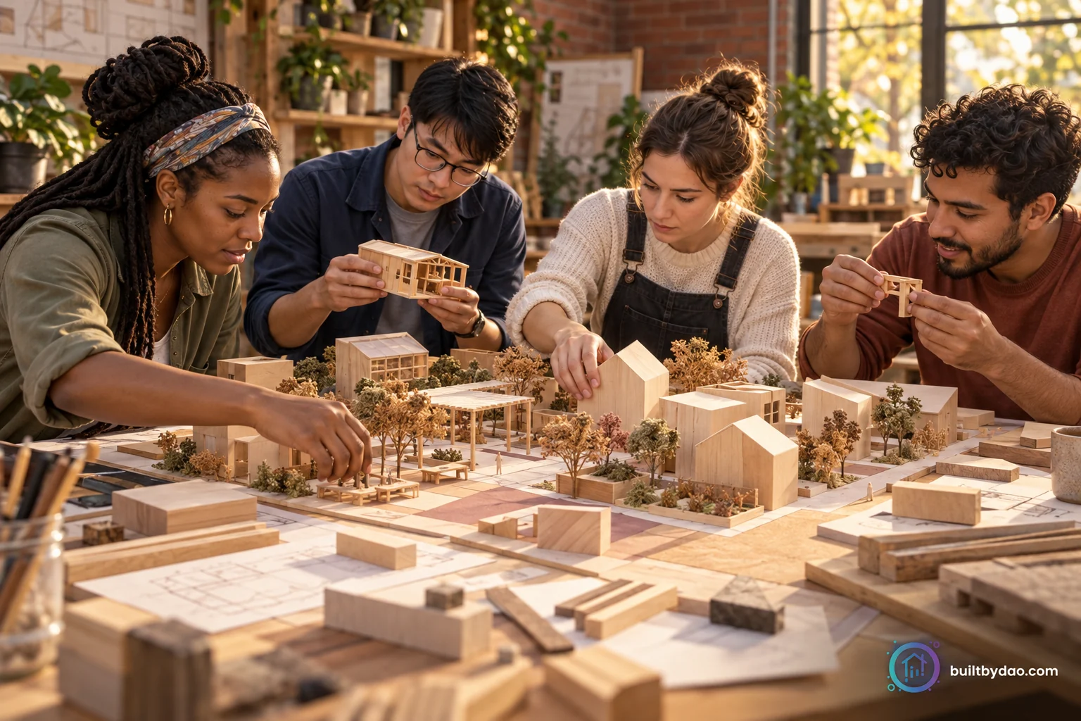 A conceptual neighborhood model connects homes, workspaces and gathering places.