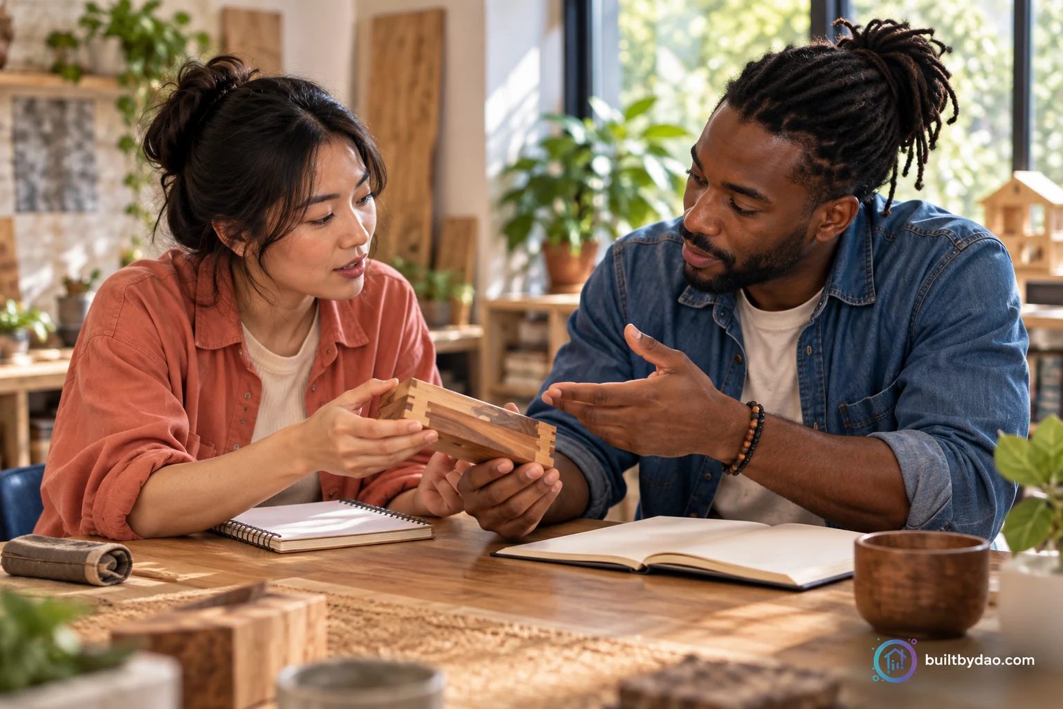 A newcomer brings a skill sample into an orientation conversation with a mentor.