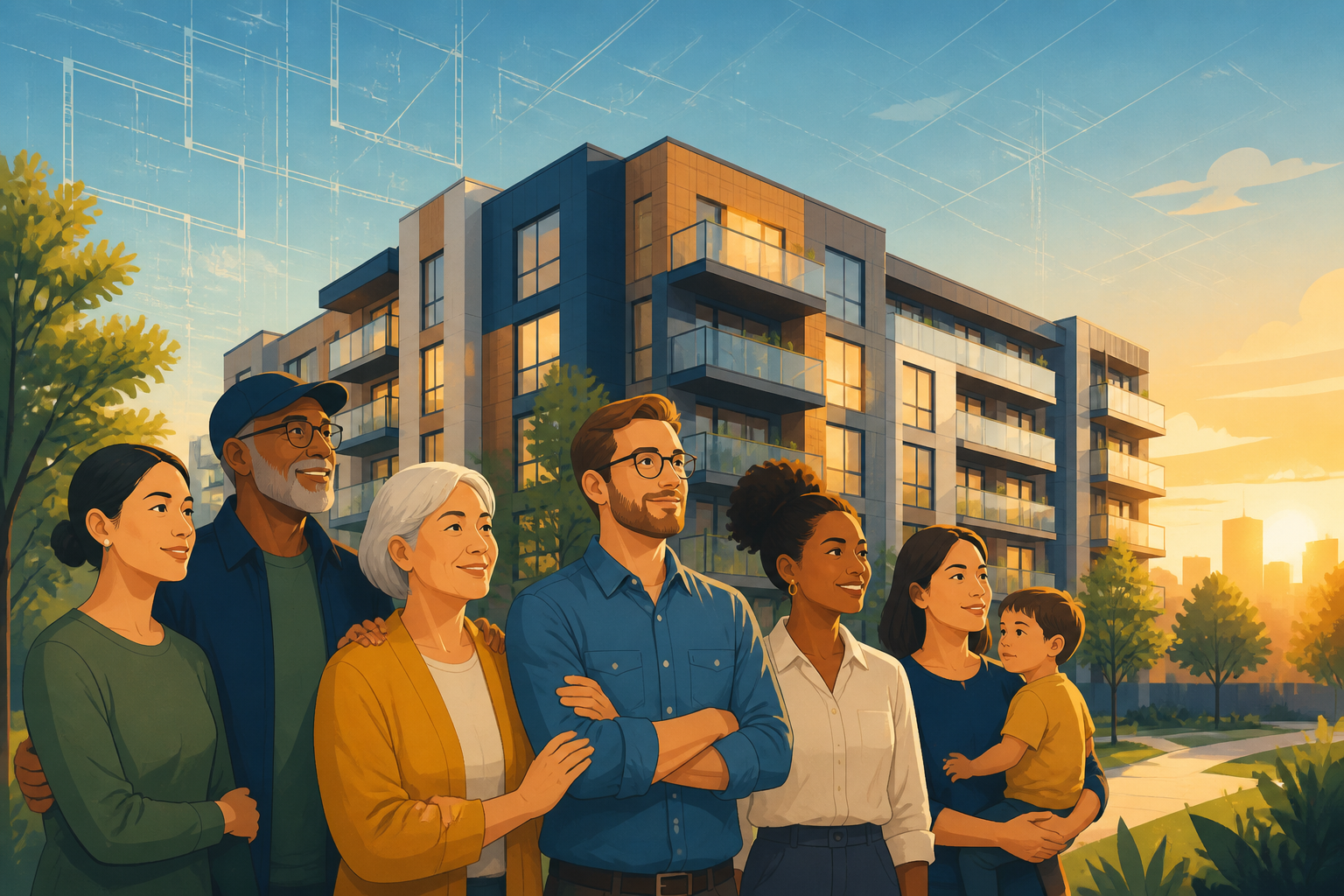 Diverse residents standing together in front of a cooperative apartment building, with a faint blueprint grid in the sky, illustrating community-owned housing under the 2026 housing bill.