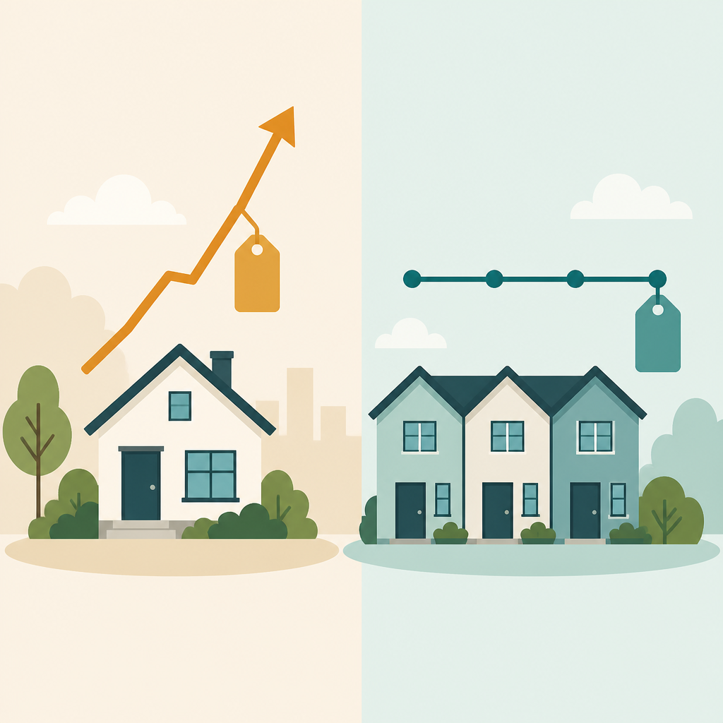 Illustration contrasting a market-rate home with rising prices against a cooperative shown with steady, durable affordability.