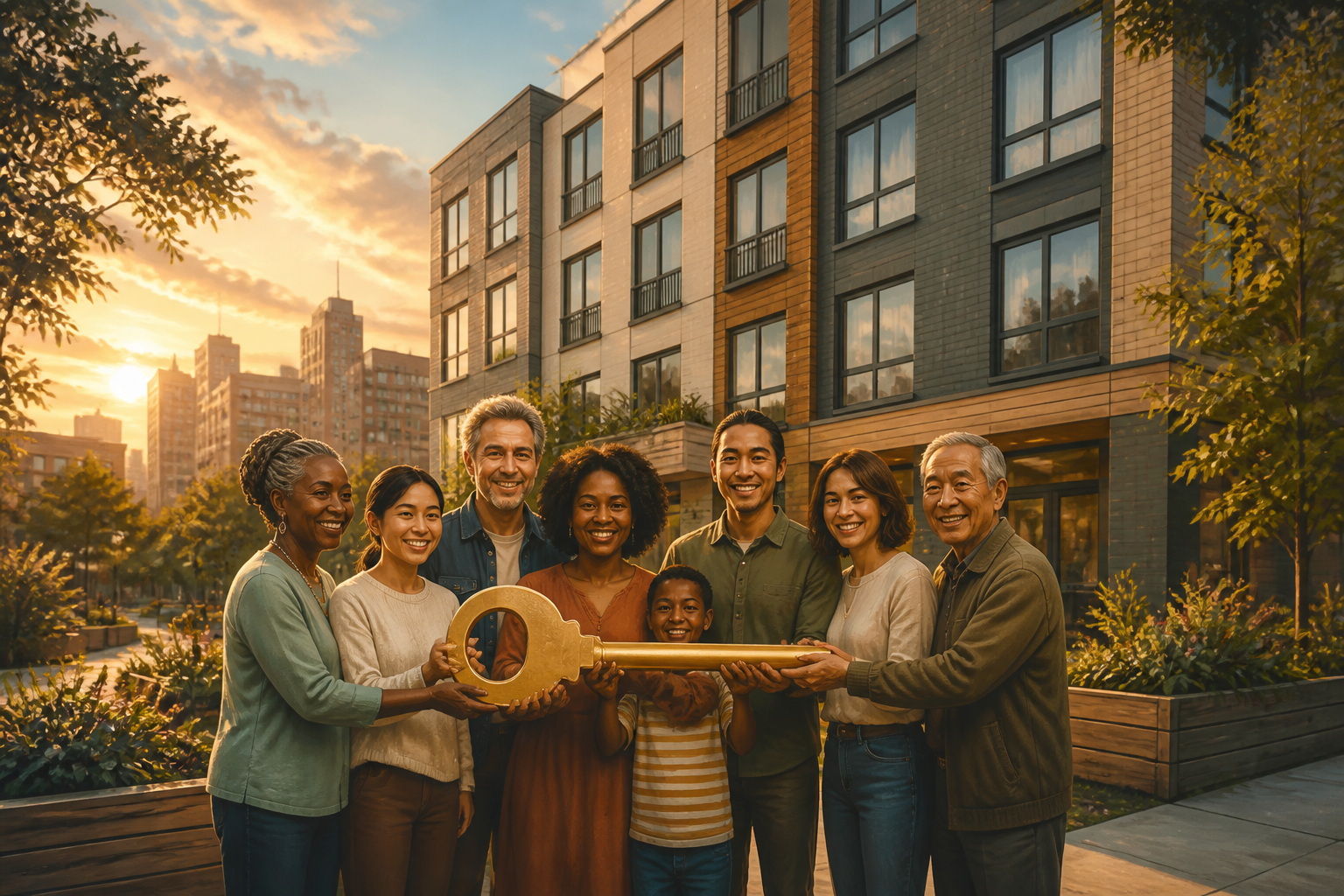 Diverse residents standing together holding a shared key in front of a community-owned cooperative apartment building.