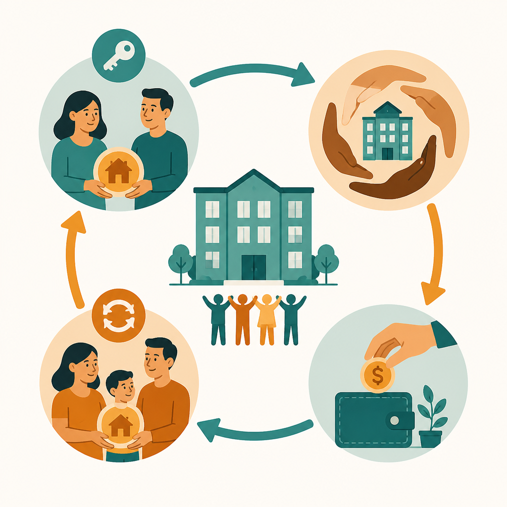 Infographic showing how a limited-equity housing cooperative works, from buying shares to capped resale that preserves affordability.