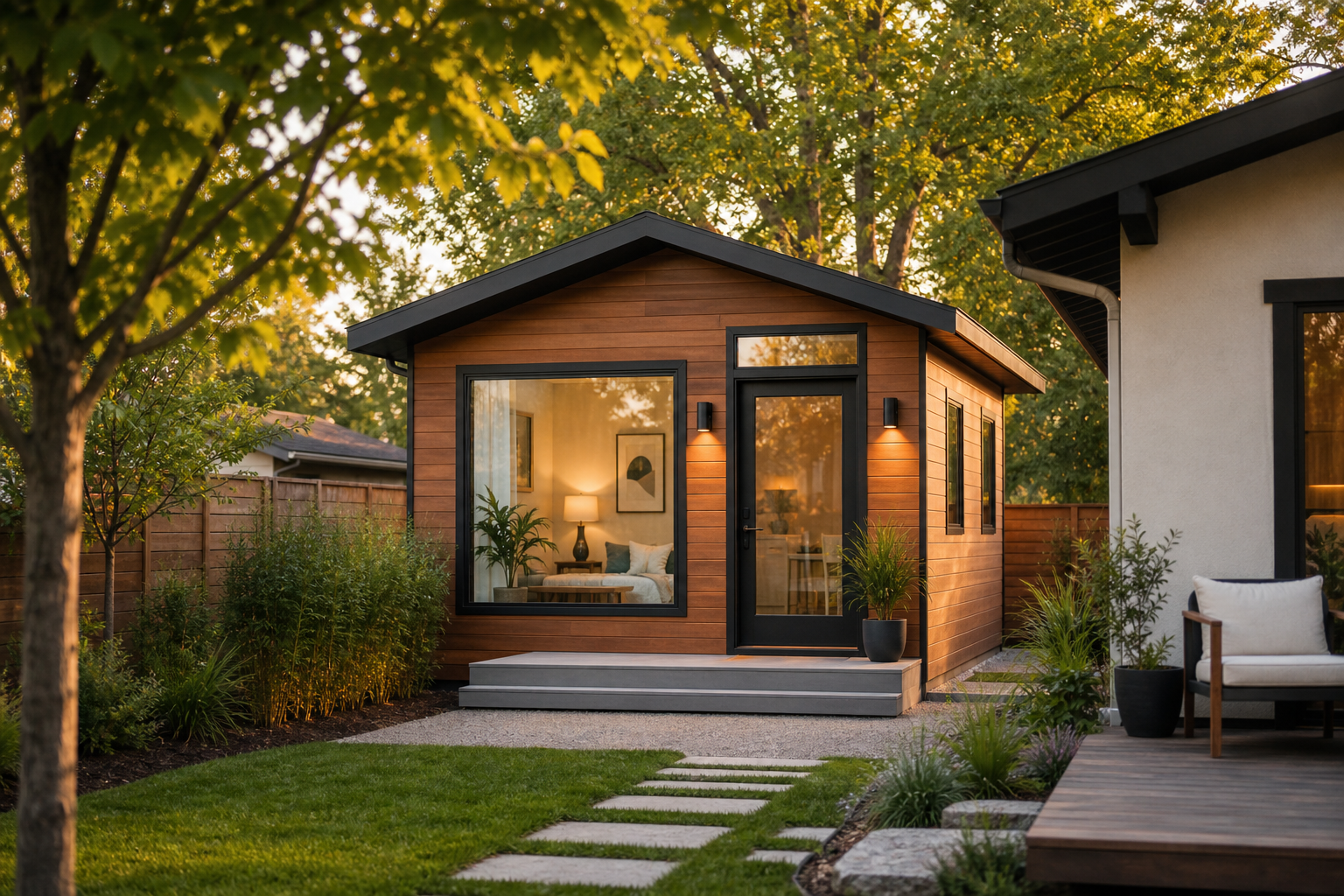A modern detached backyard ADU cottage behind a single-family home in a residential neighborhood.