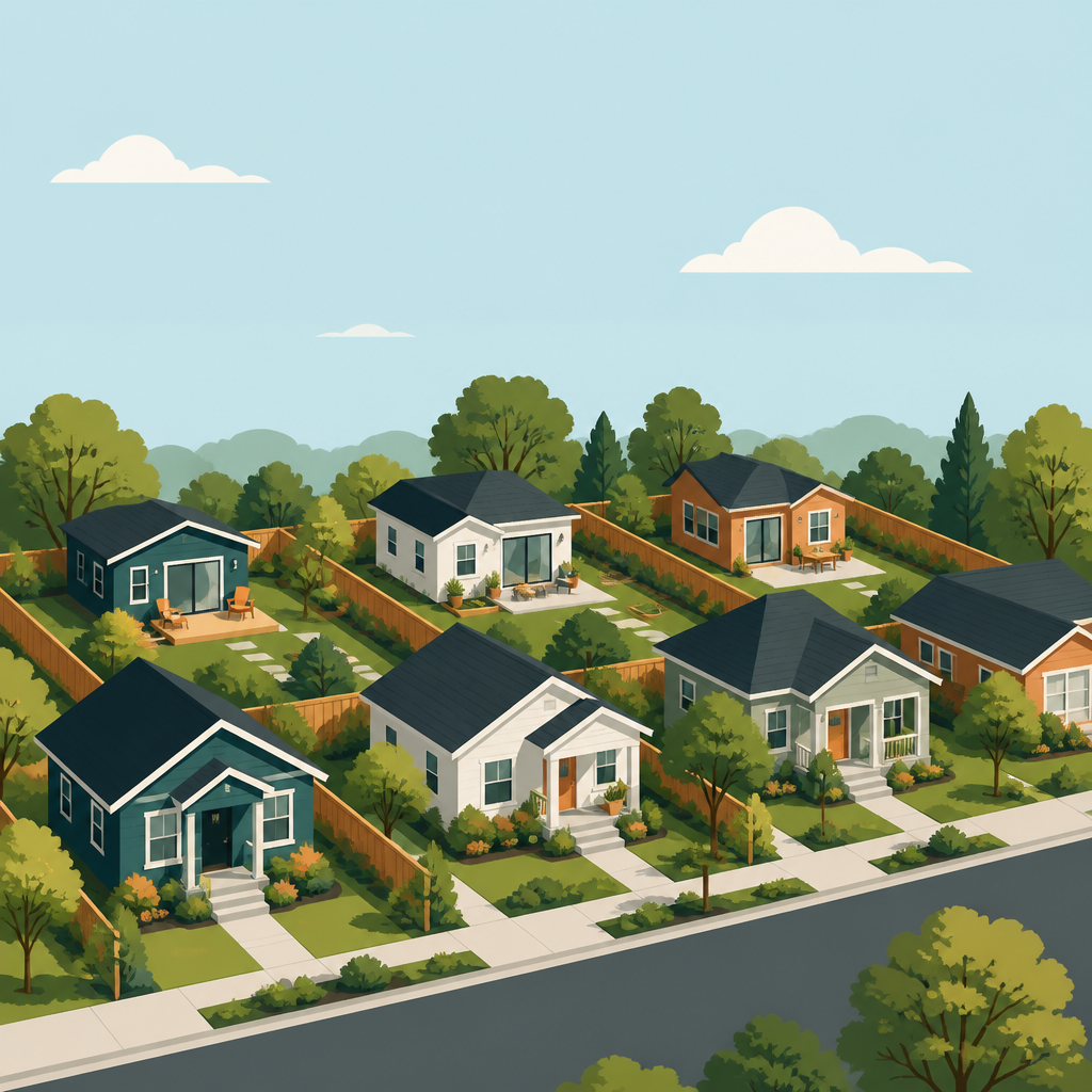 Illustration of a residential block where each home has a small backyard accessory dwelling unit, showing gentle density.
