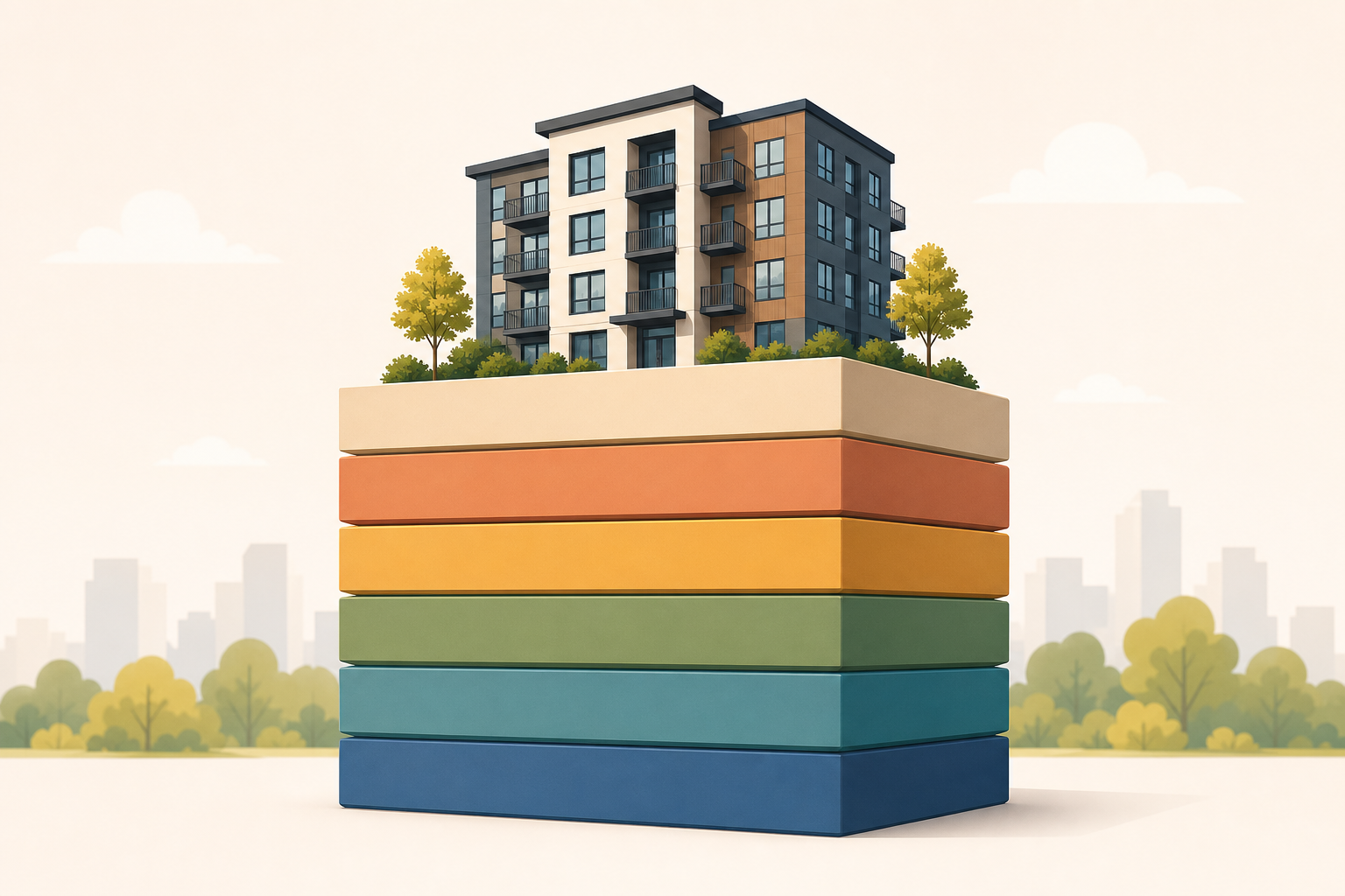 Layered diagram of an affordable housing capital stack with six labeled funding bands beneath a small apartment building.