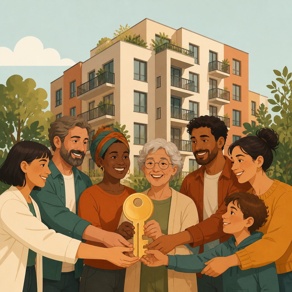 Diverse cooperative members standing together in front of their shared housing building.