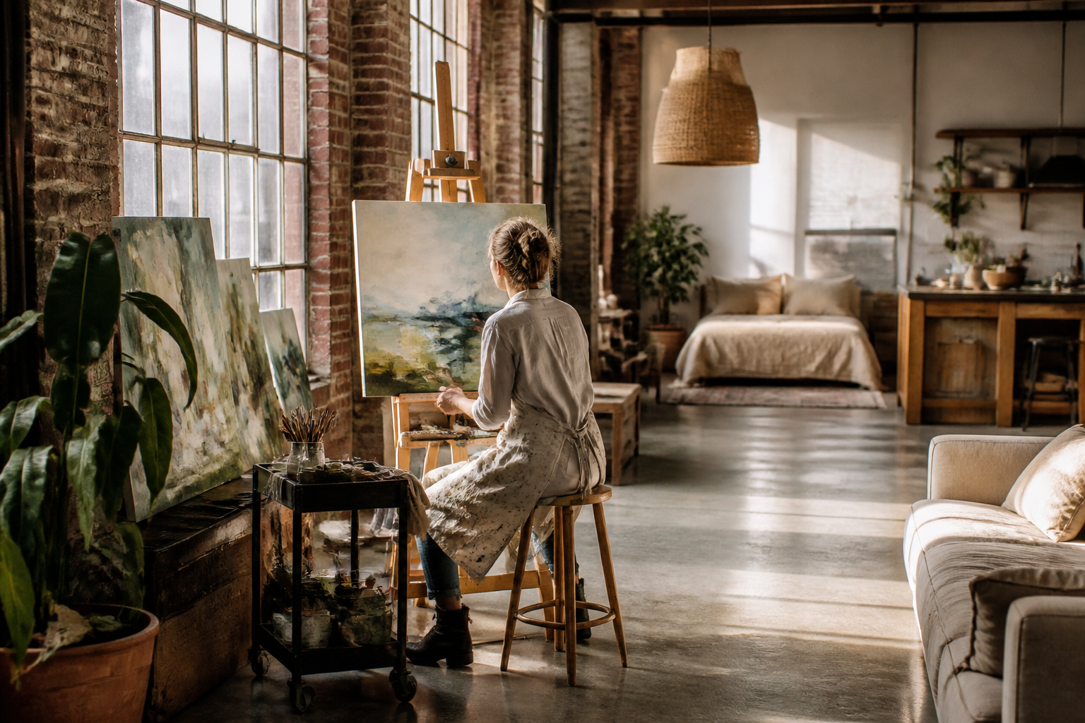 An artist's sunlit live/work loft in a converted warehouse, with studio easel and canvases beside a small living space.