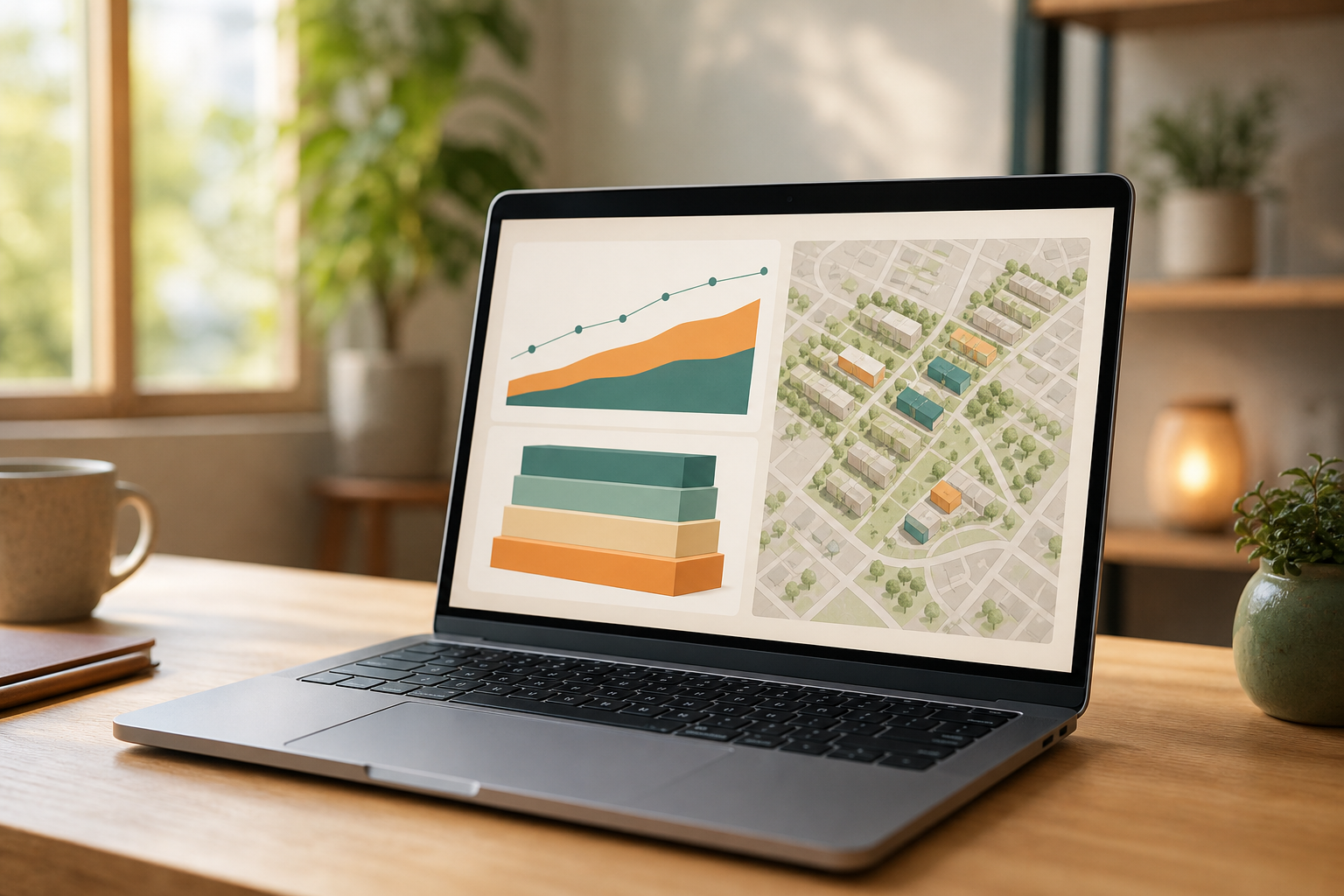 Blueprint cooperative housing development software shown on a laptop displaying a feasibility and financing dashboard.