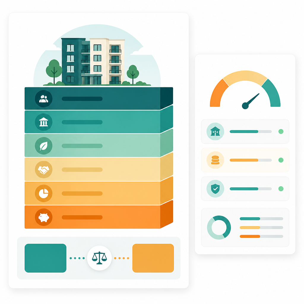 Concept of Blueprint's capital stack builder showing layered cooperative housing funding sources and a sources-and-uses summary.