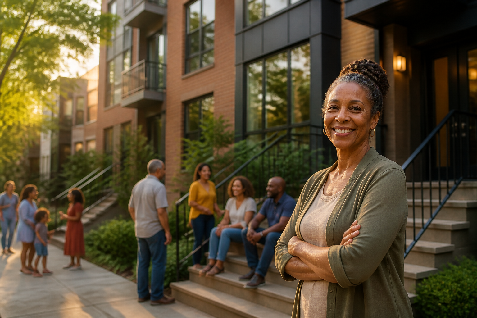 Residents gathered outside a community-owned cooperative housing building at golden hour.