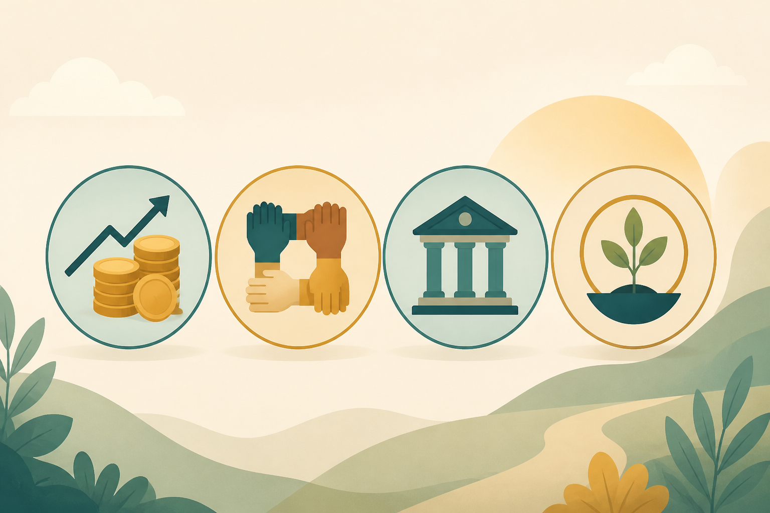 Illustration of the four types of community development financial institutions: loan funds, credit unions, community banks, and venture funds.