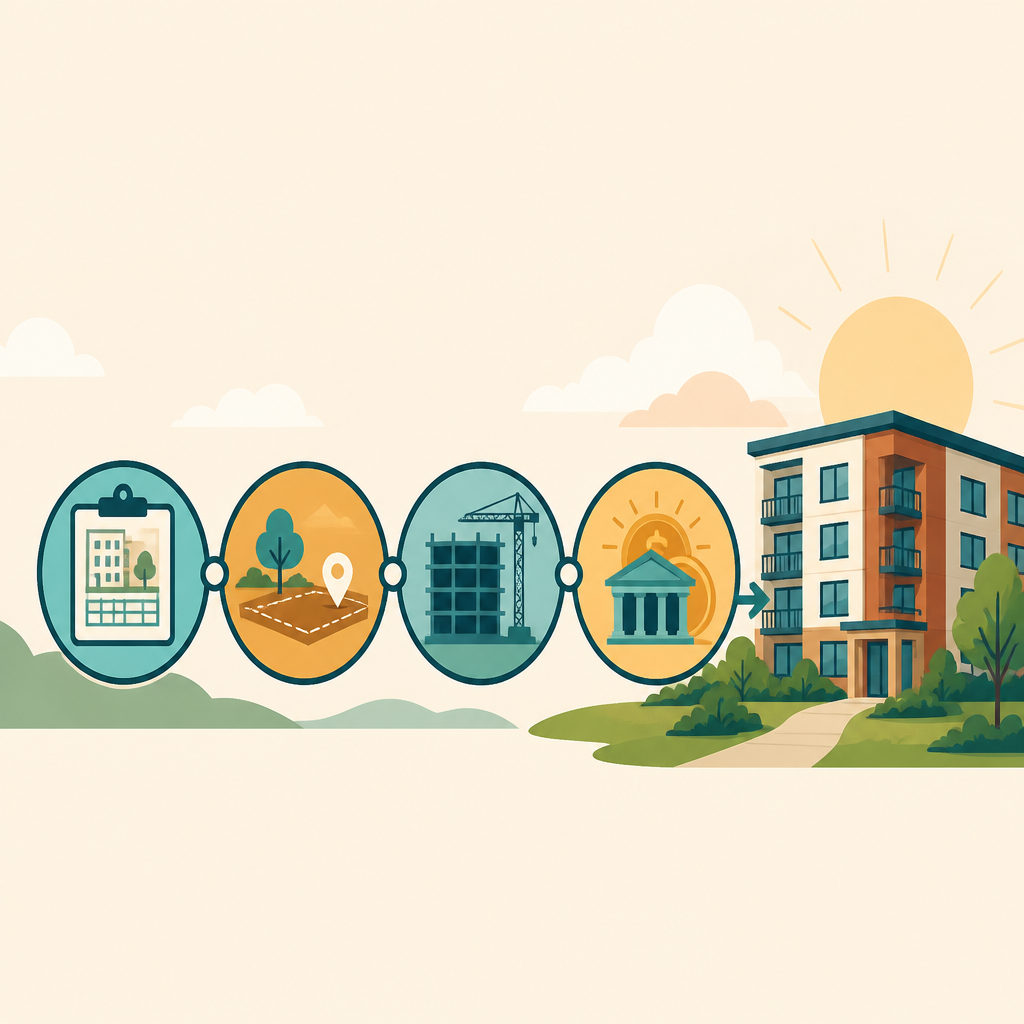Timeline showing how CDFI financing moves an affordable housing project from predevelopment through acquisition, bridge, and permanent loans.