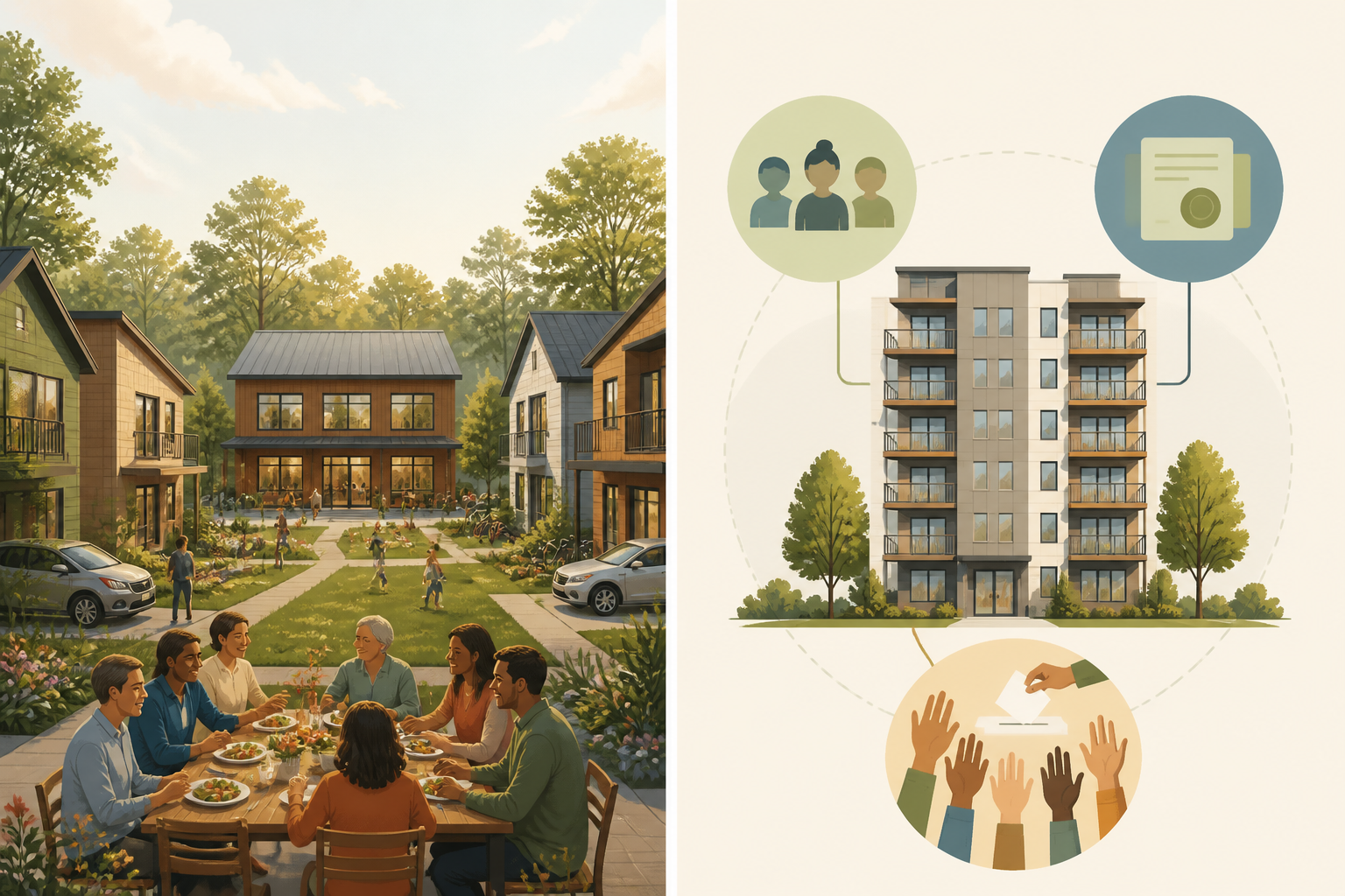 Split illustration contrasting a cohousing courtyard neighborhood with a cooperatively owned apartment building.