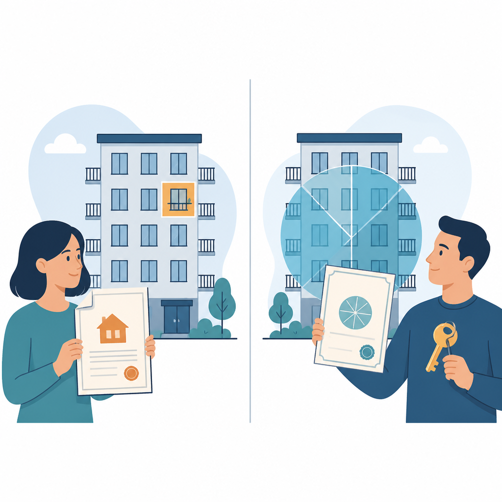 Illustration comparing owning an individual condo unit with owning a share in a housing cooperative.