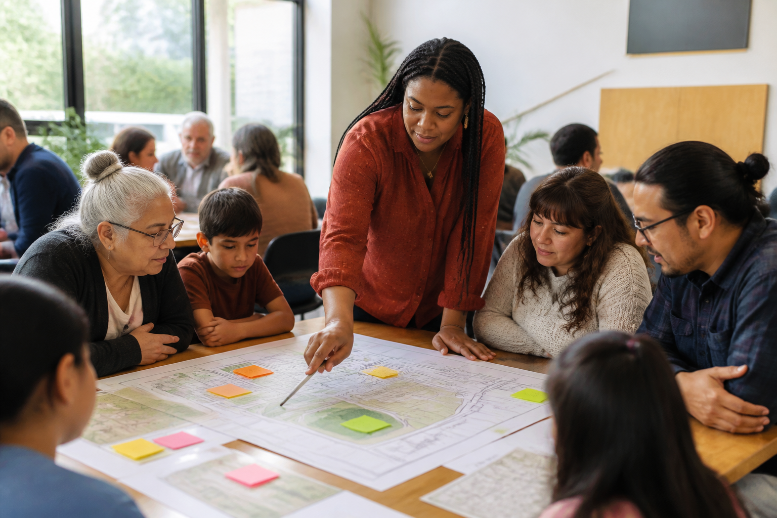 Residents co-designing a housing cooperative around a table of site plans in a community meeting.