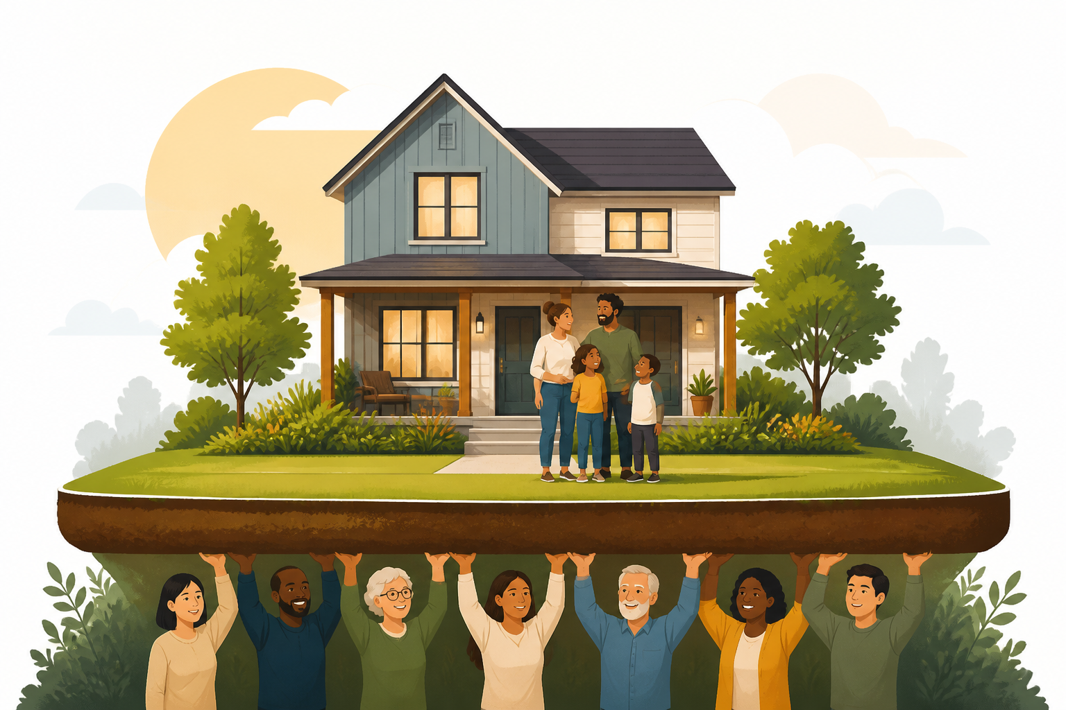 Illustration showing a home owned by a family resting on land permanently held by a community land trust.