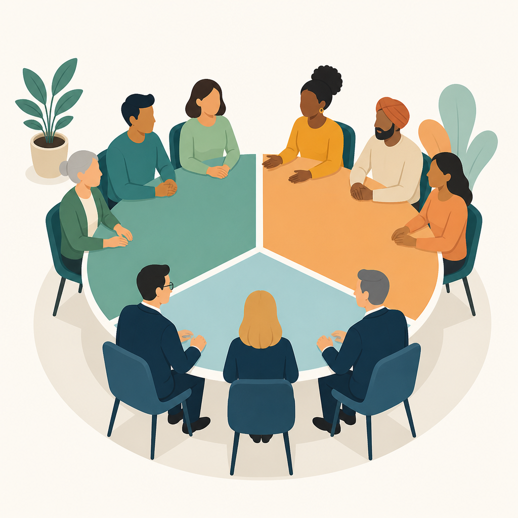 A round table split into three equal groups representing the tripartite board that governs a community land trust.