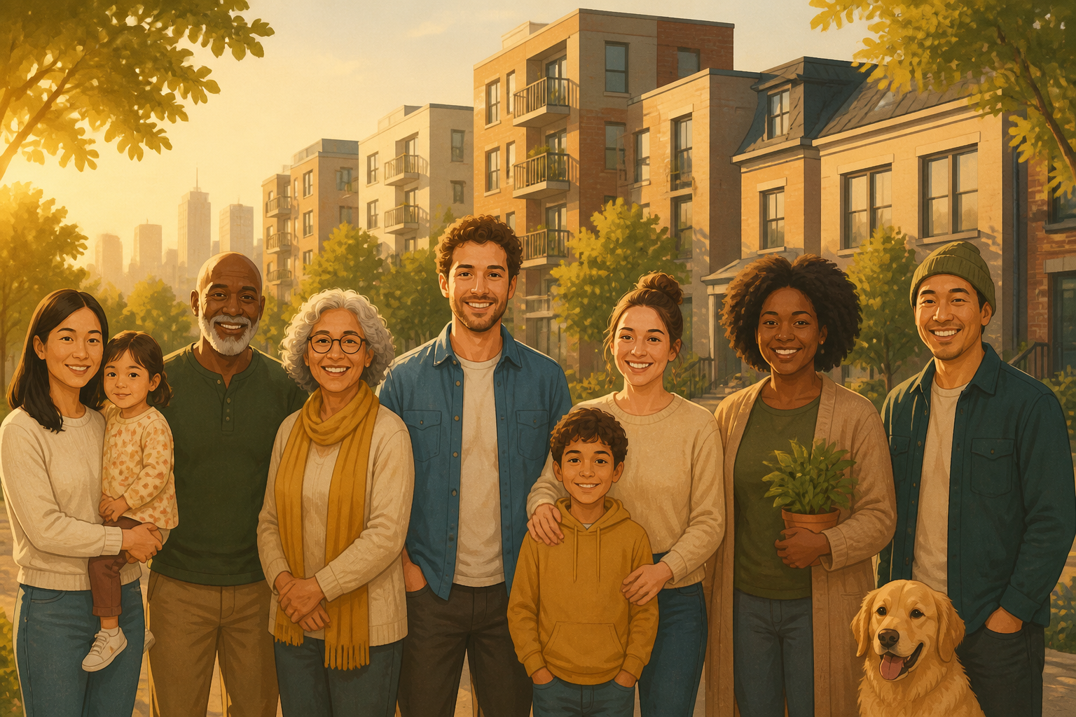 Diverse community members standing together in front of cooperative apartment buildings on a tree-lined street.