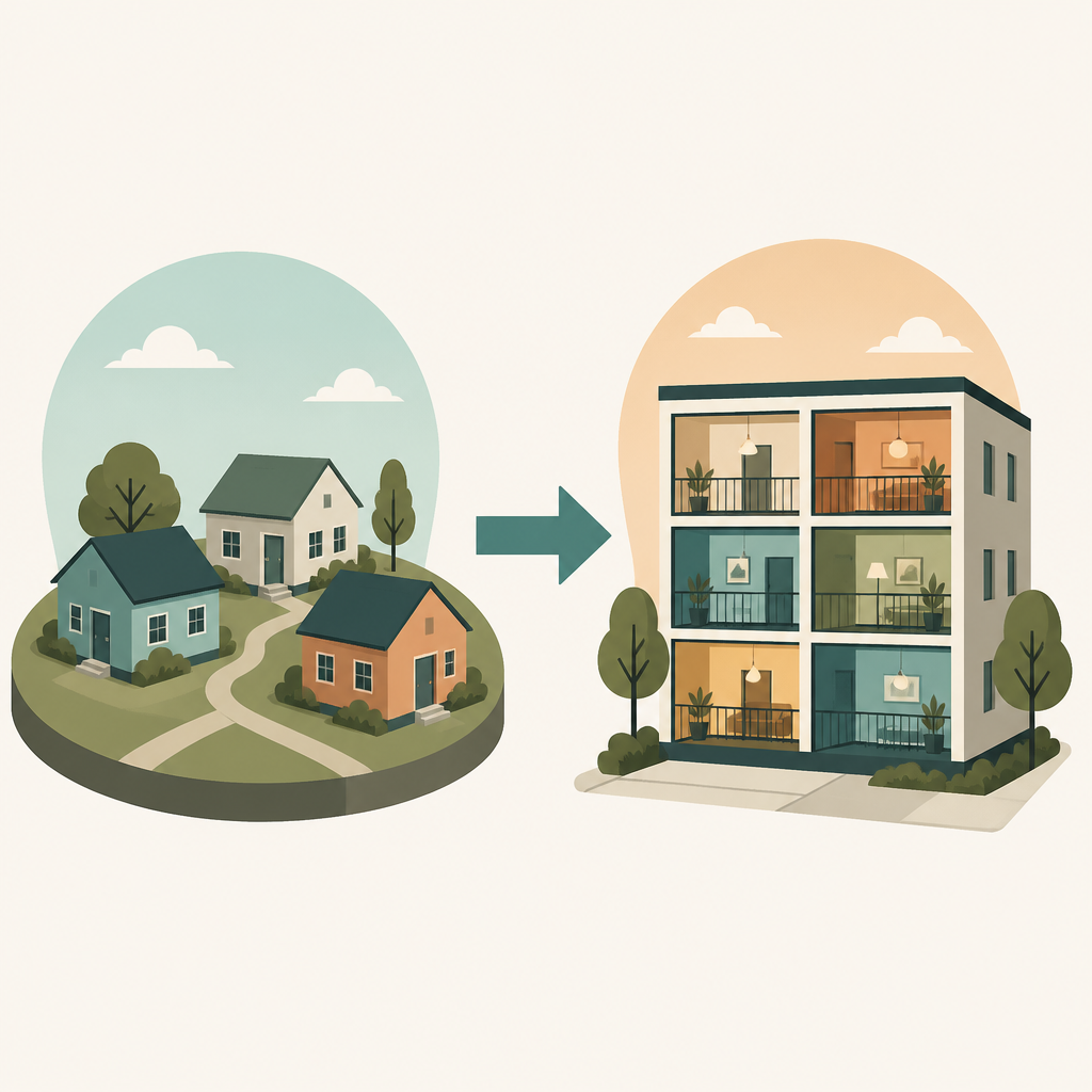 Conceptual diagram contrasting a community land trust with a housing cooperative and a hybrid bridge between them.