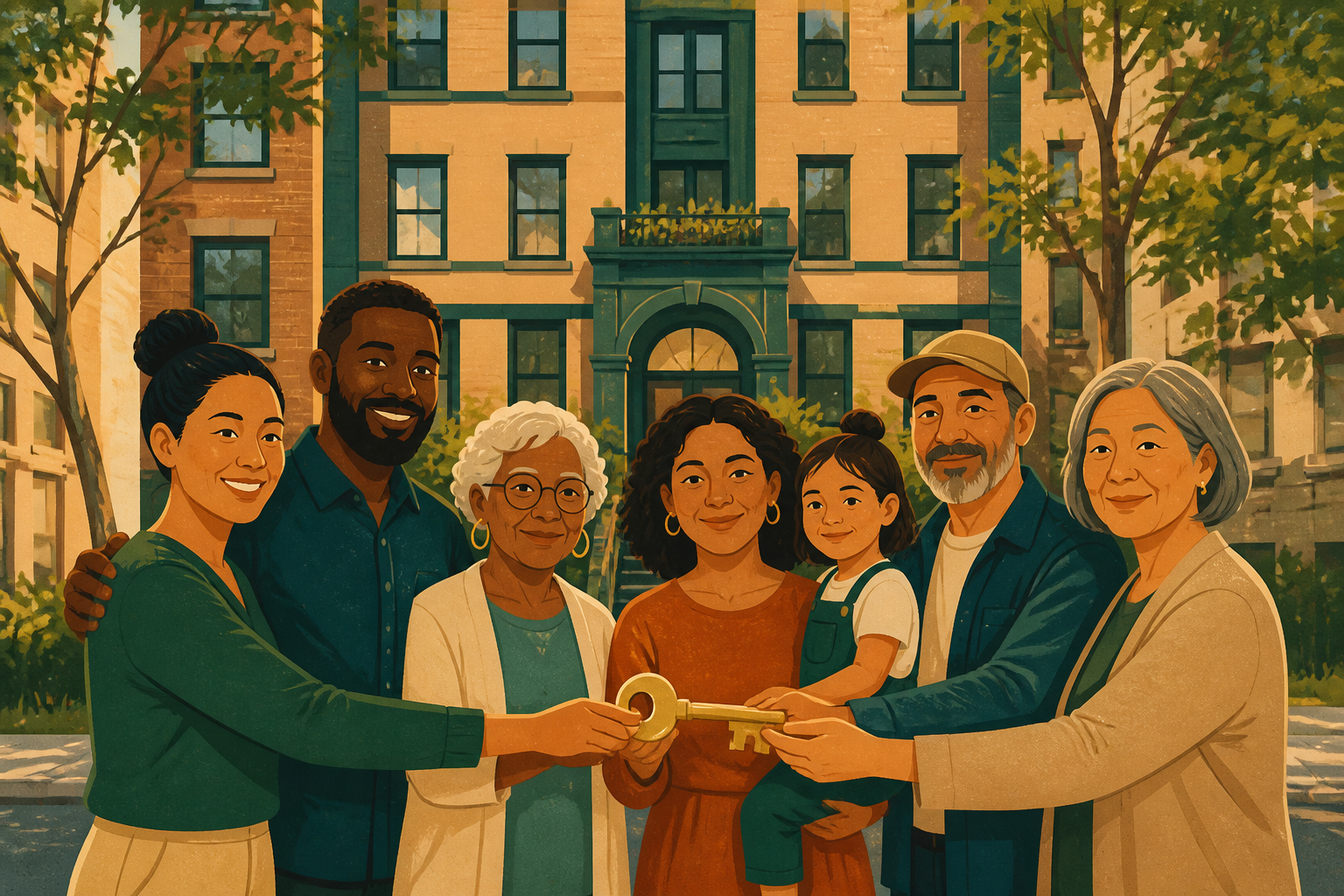 Diverse residents standing together in front of their cooperatively owned apartment building.