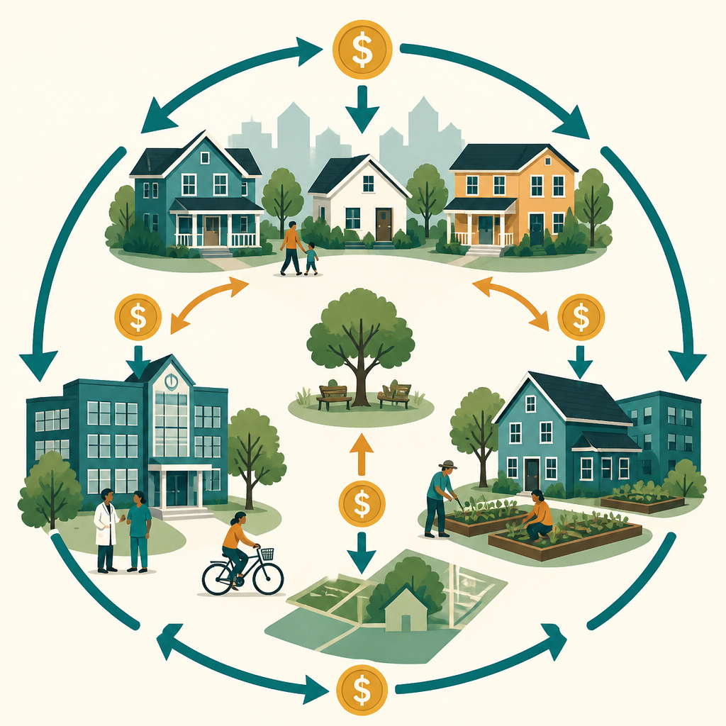 Conceptual diagram of community wealth circulating locally among homes, anchor institutions, and a land trust.