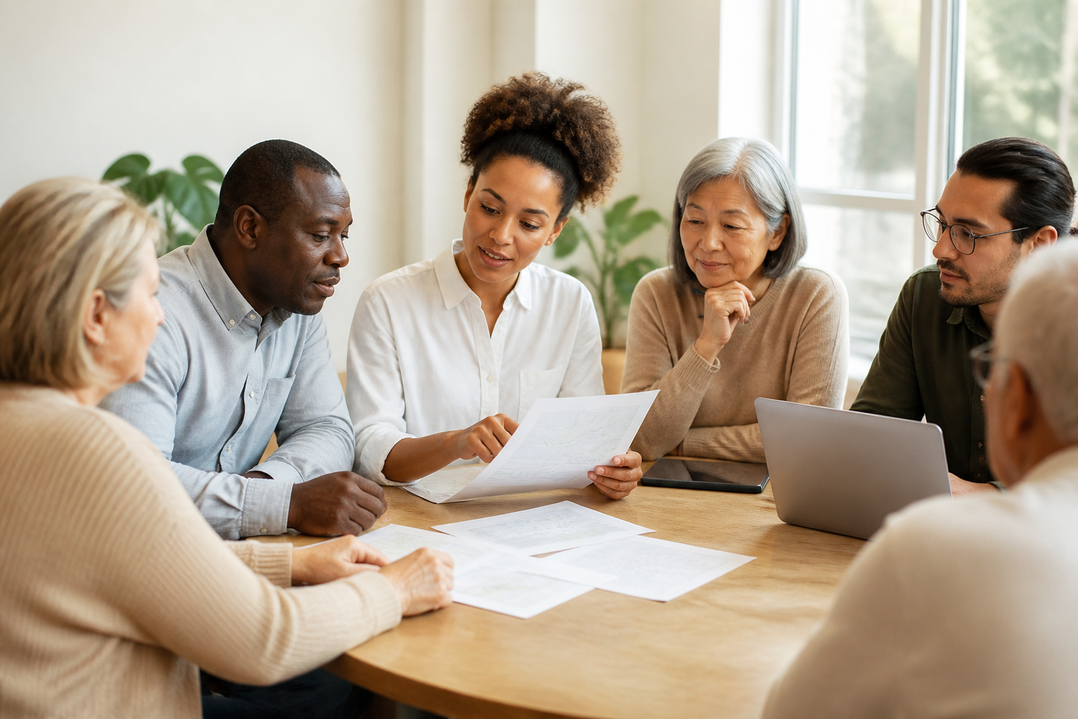 Members of a housing cooperative board meeting around a table to review documents together.