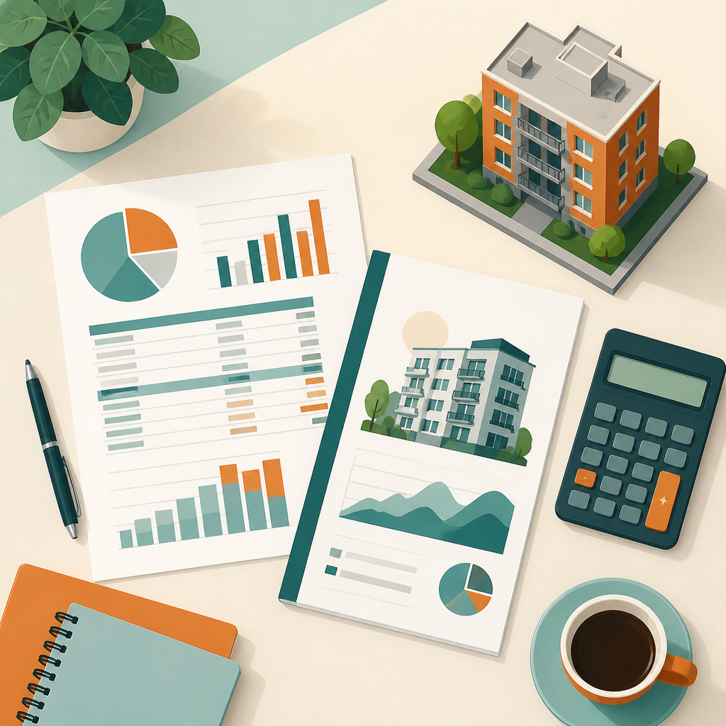 A co-op treasurer's desk with budget documents, a reserve study, and a model apartment building.