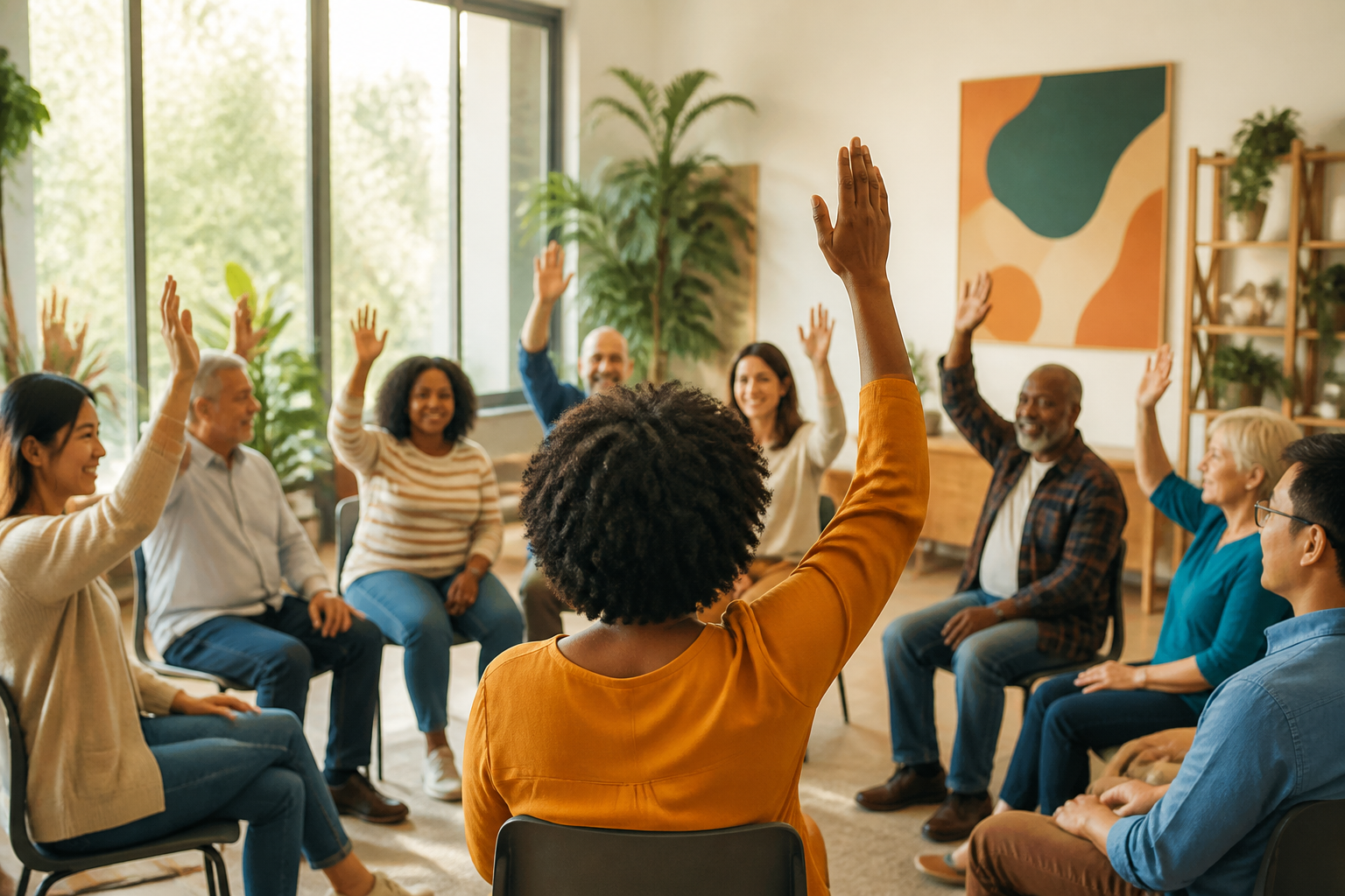 Diverse cooperative housing members voting by show of hands in a sunlit community meeting room.