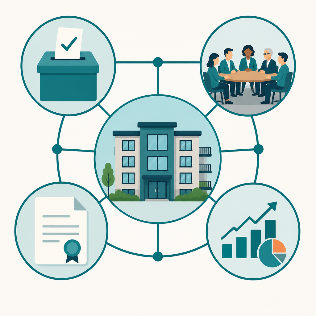 Diagram of cooperative housing governance components: voting, board, bylaws, building, and finances connected together.
