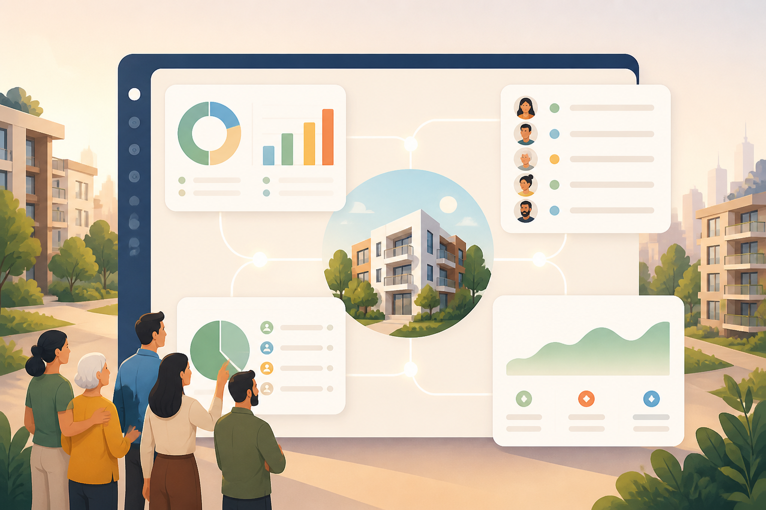 Illustration of an integrated cooperative housing software dashboard linking feasibility, members, voting, and accounting.