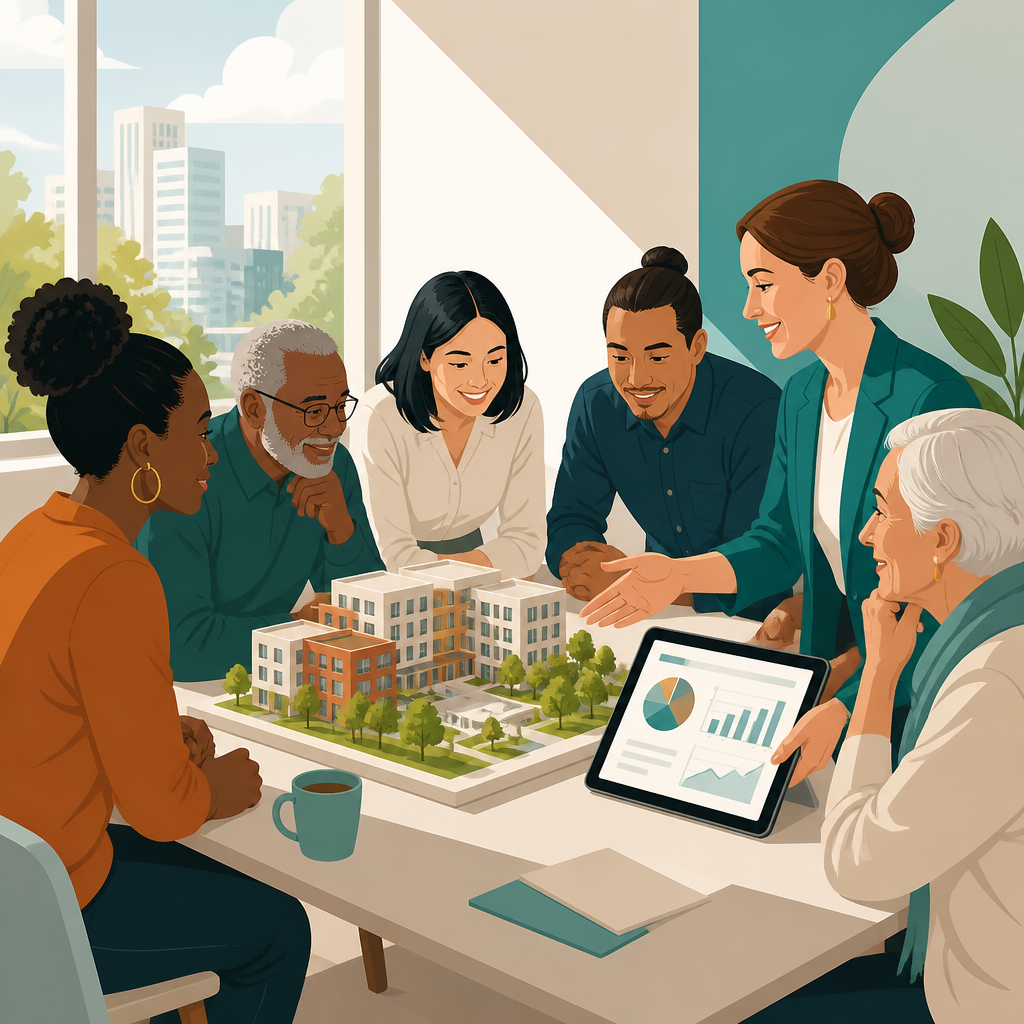 Residents and a developer planning an affordable housing cooperative around a table with a building model and a tablet.