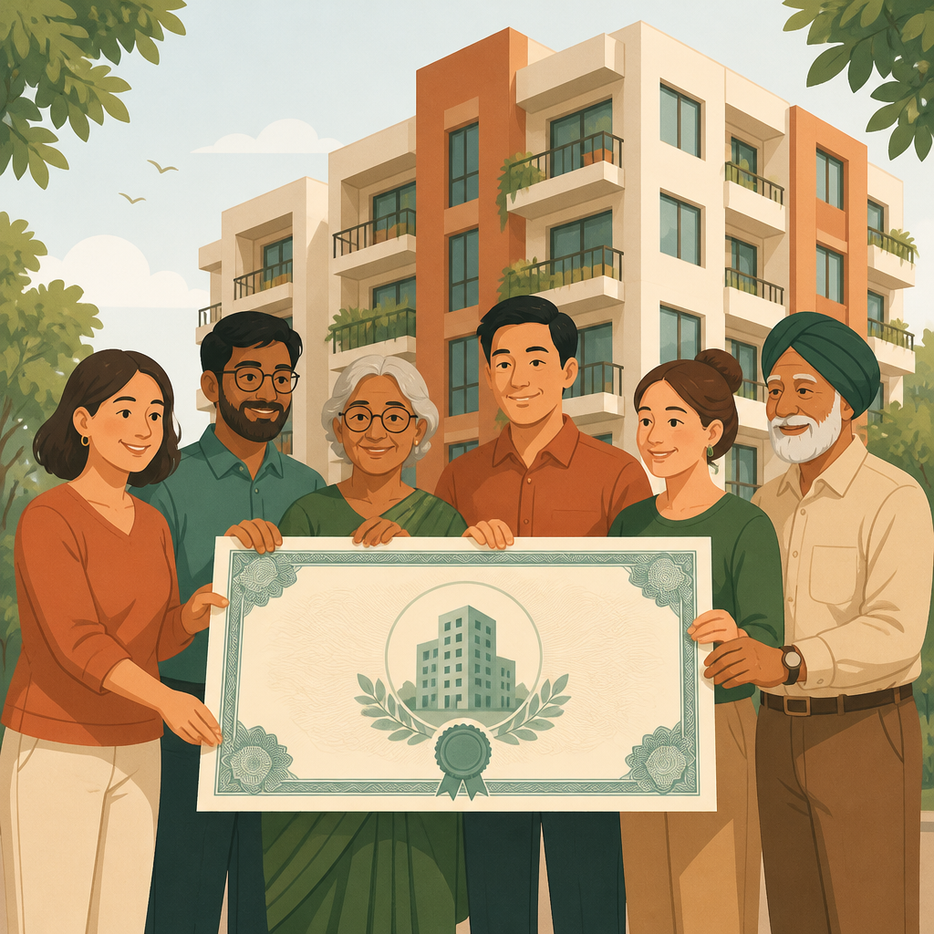 Illustration of diverse cooperative members collectively holding a symbolic share certificate in front of their housing co-op building.