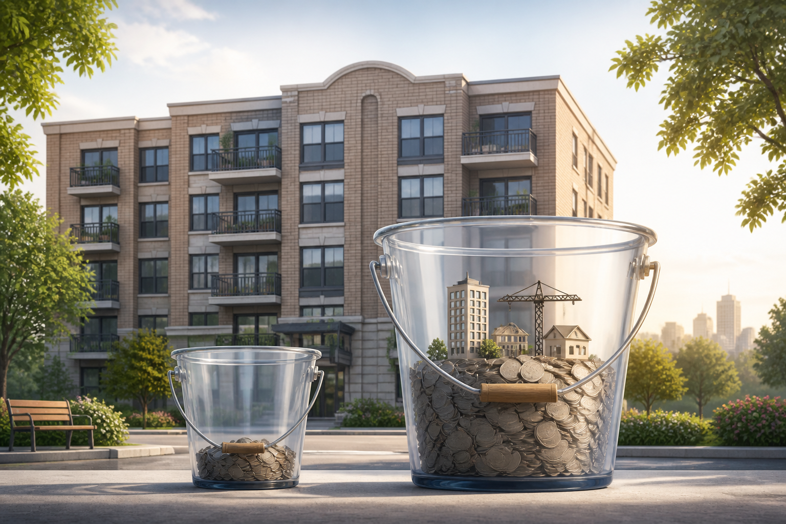Illustration comparing a small operating reserve bucket and a large replacement reserve bucket in front of a cooperative apartment building.