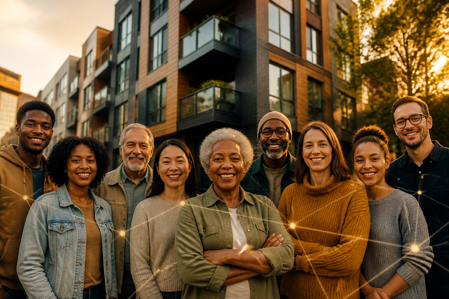 Diverse neighbors gathered in front of a community-owned apartment building, connected by subtle network lines representing shared cooperative governance.