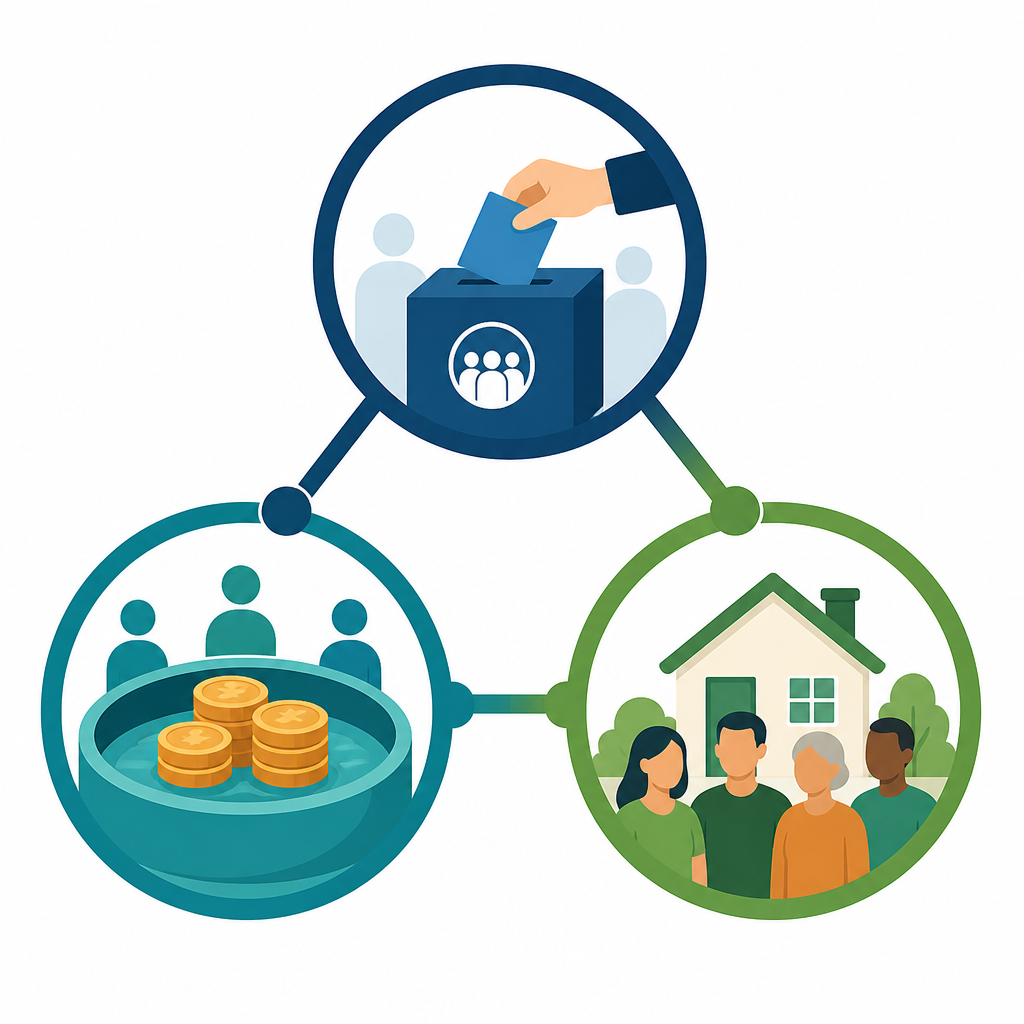 Flat illustration linking three principles of DAO affordable housing: transparent governance, pooled capital, and member ownership.
