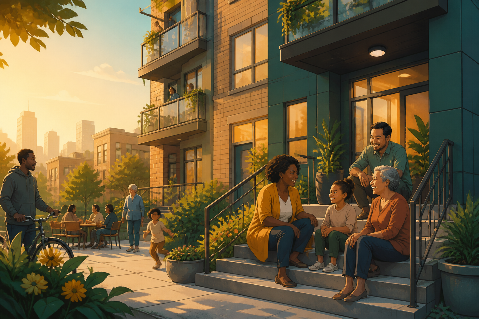 Residents gathering outside a mid-rise affordable housing cooperative at golden hour.