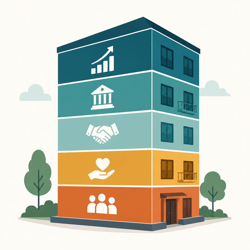 Diagram of a housing cooperative capital stack with five layered financing sources.
