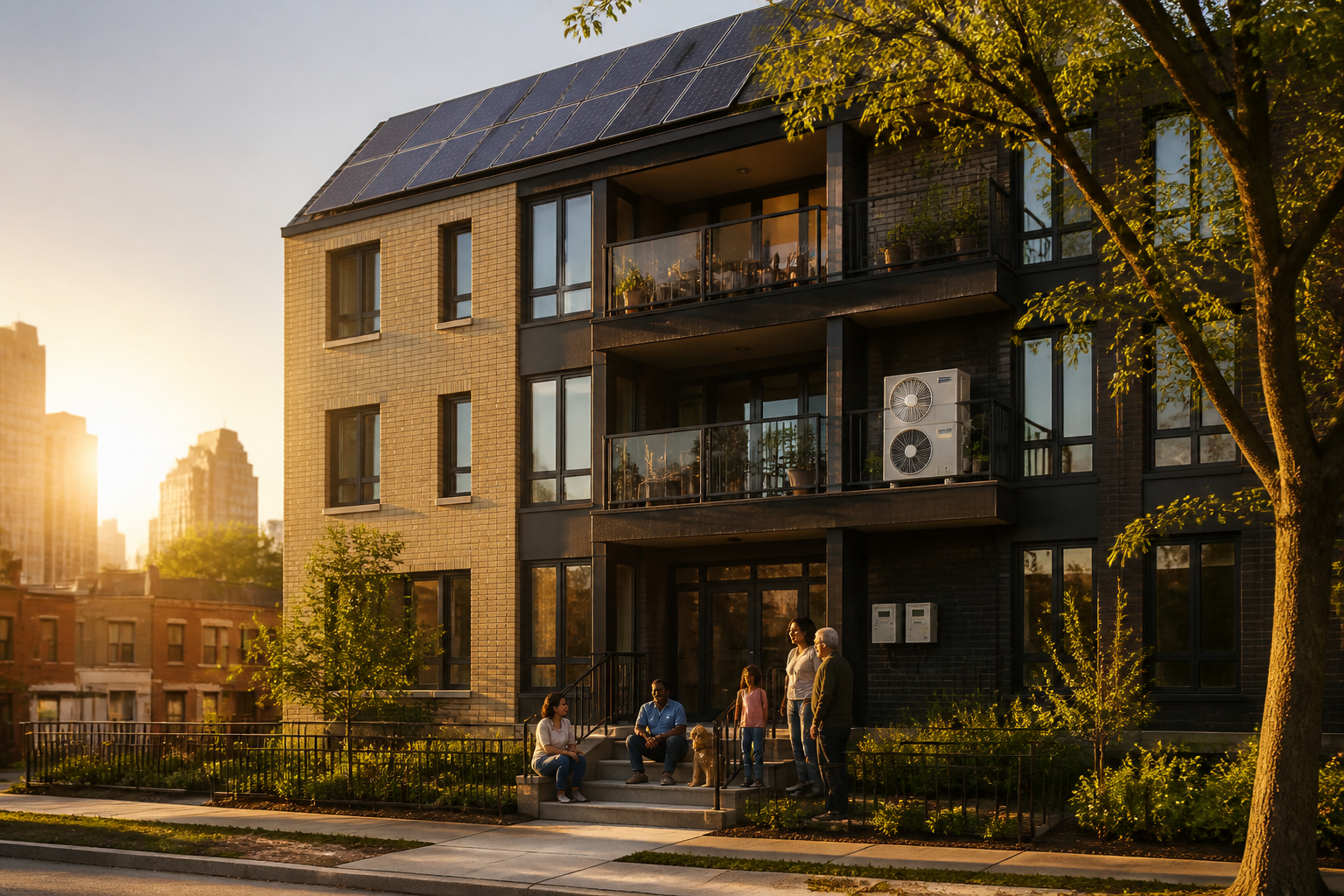 Residents gather outside an energy-efficient affordable housing cooperative with rooftop solar and heat pumps.