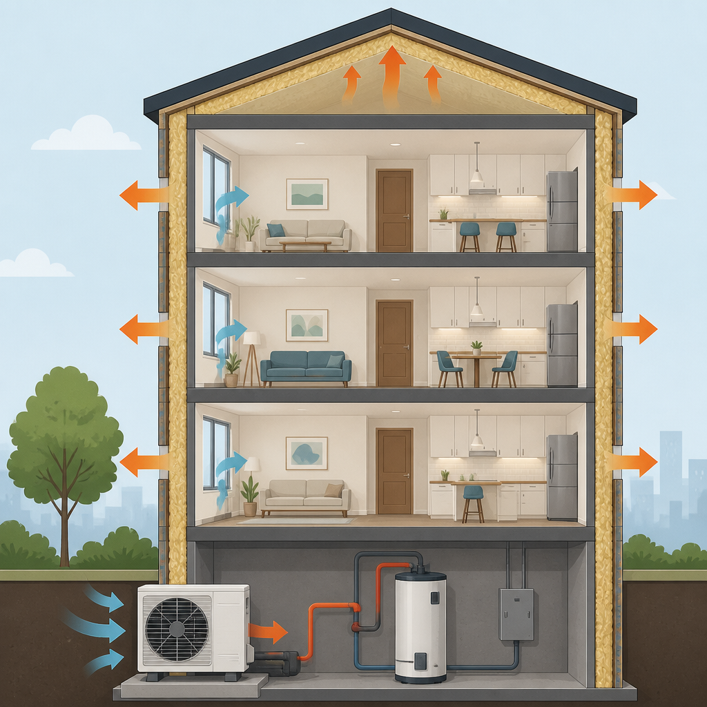 Cutaway diagram of a weatherized, electrified cooperative building showing insulation, heat pumps, and sealed windows.