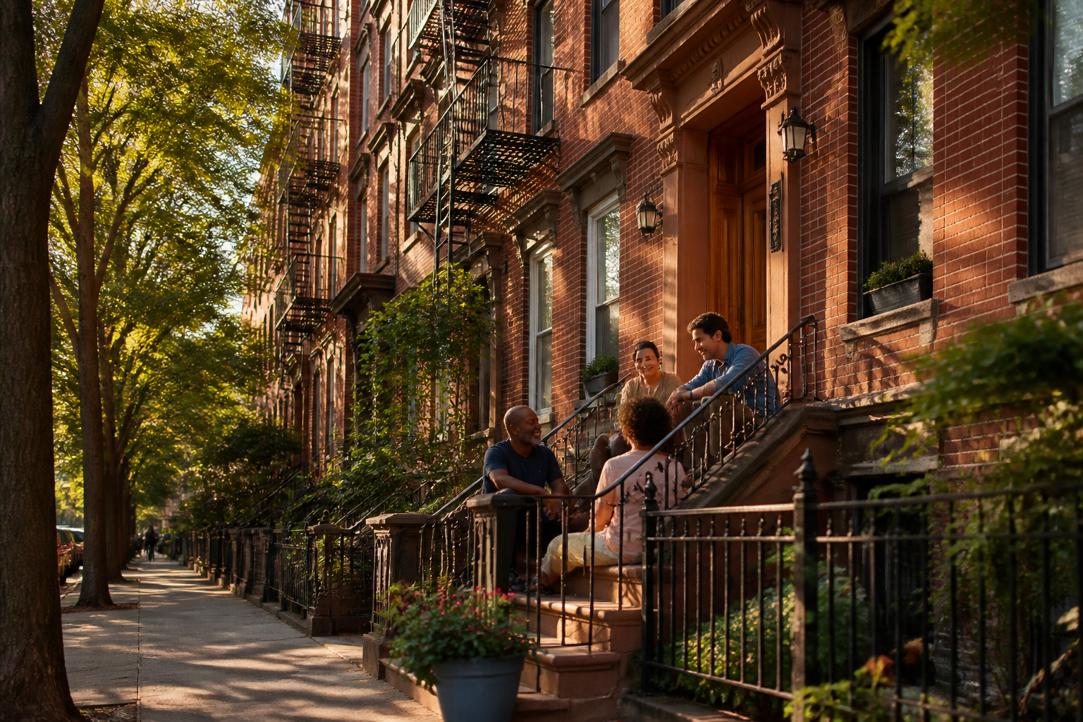 Diverse residents gathered on the stoop of a restored New York City cooperative apartment building at golden hour.