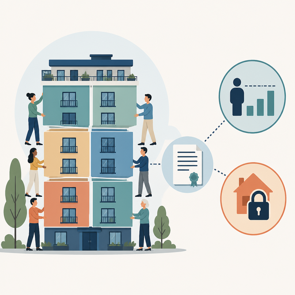 Illustration showing how cooperative shares, income limits, and resale restrictions work together in an HDFC co-op.
