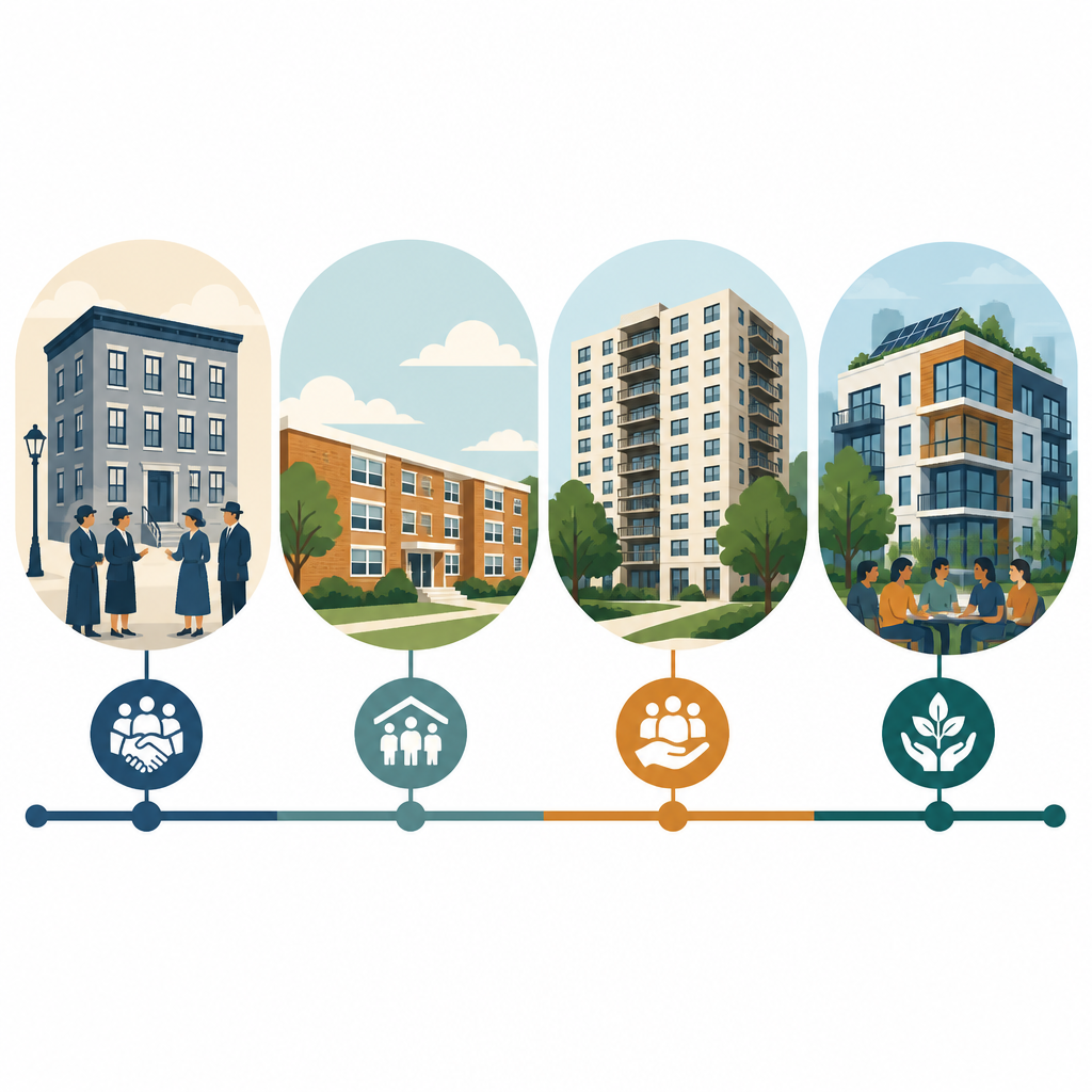 Timeline illustration of the history of housing cooperatives in America across four eras.